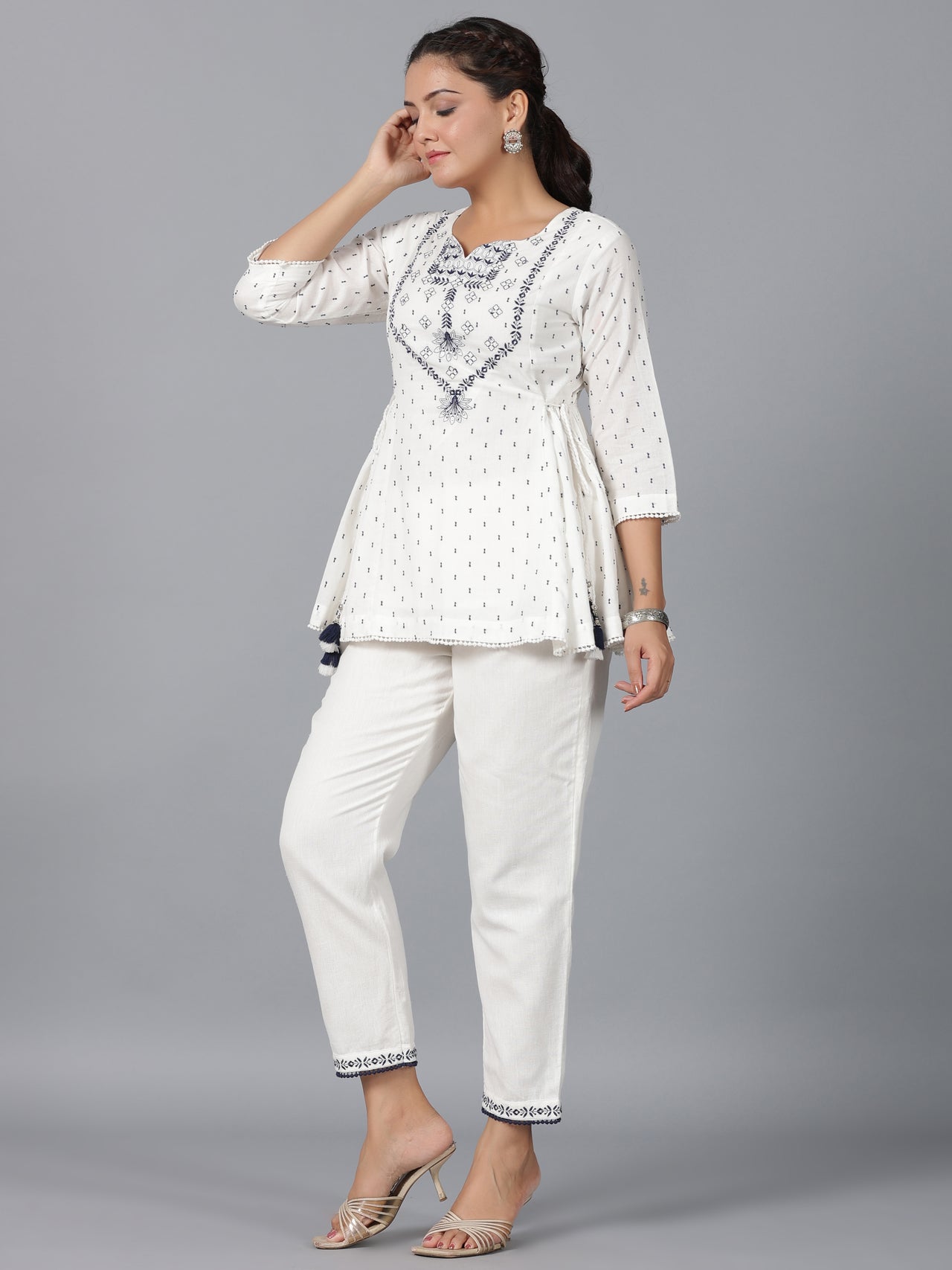 Juniper Women Off-White Cotton Dobby Embroidered Clothing Set - Distacart