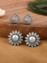 Thumbnail for Shoshaa Set of 2 Silver-Toned Ad Stones Contemporary Studs Earrings - Distacart