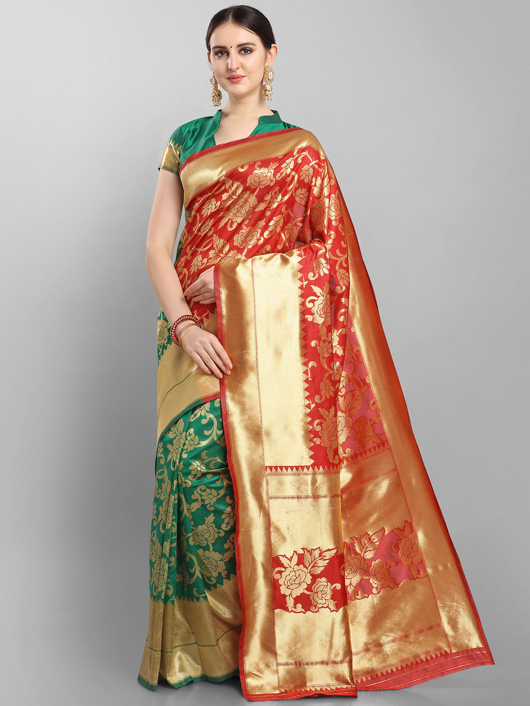 Red And Green Net And Banarasi Saree -