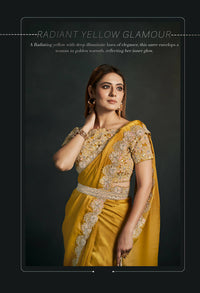 Thumbnail for Mustard Organza Silk Crepe Cord Sequence & Thread Embroidered & Stone Work Saree - Moh-Manthan Royal Enigma - Distacart