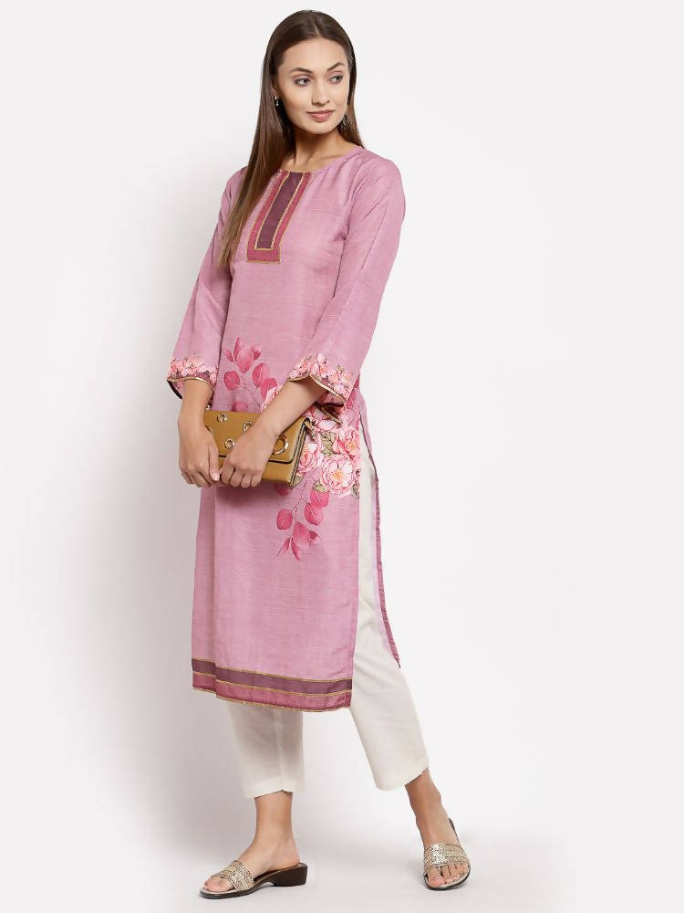 Myshka Women's Pink Cotton Printed Full Sleeve Round Neck Casual Kurta