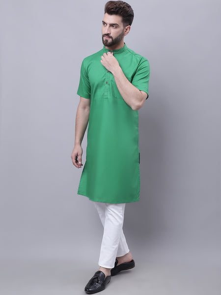 Even Apparels Green Pure Cotton Short Sleeves Kurta With Band Collar - Distacart