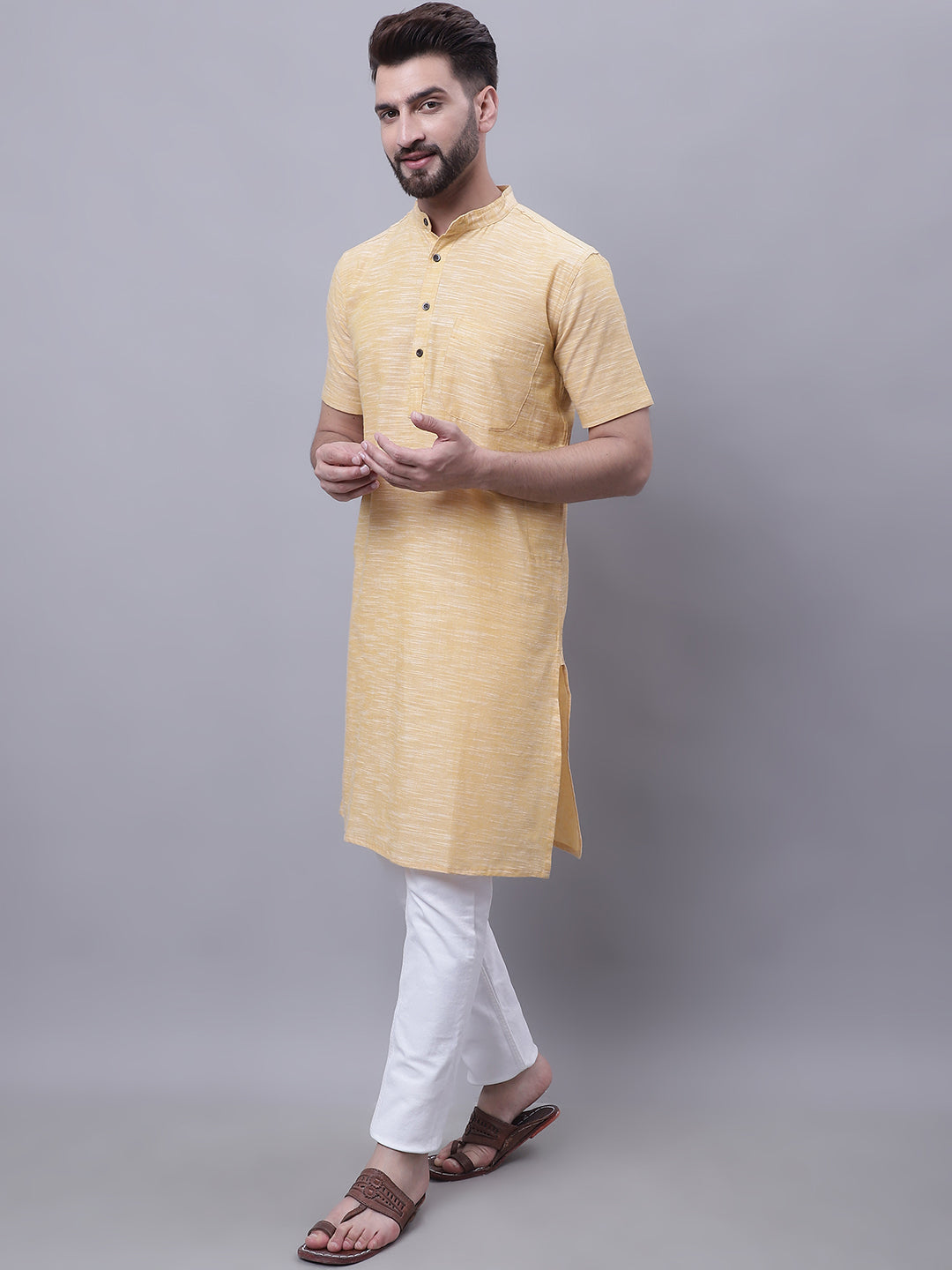 Even Apparels Yellow Pure Cotton Short Sleeves Kurta With Band Collar - Distacart