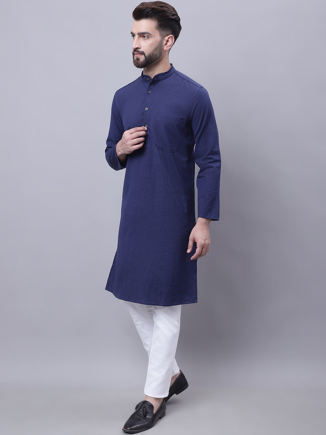 Even Apparels Blue Pure Cotton Kurta With Band Collar - Distacart