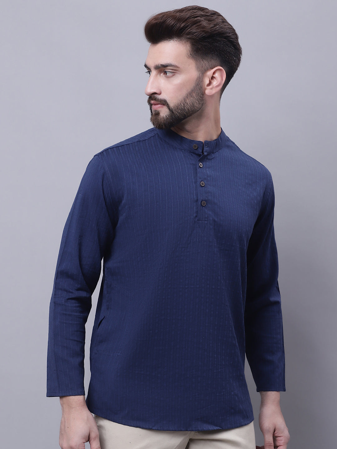 Even Apparels Blue Pure Cotton Short Kurta With Band Collar - Distacart