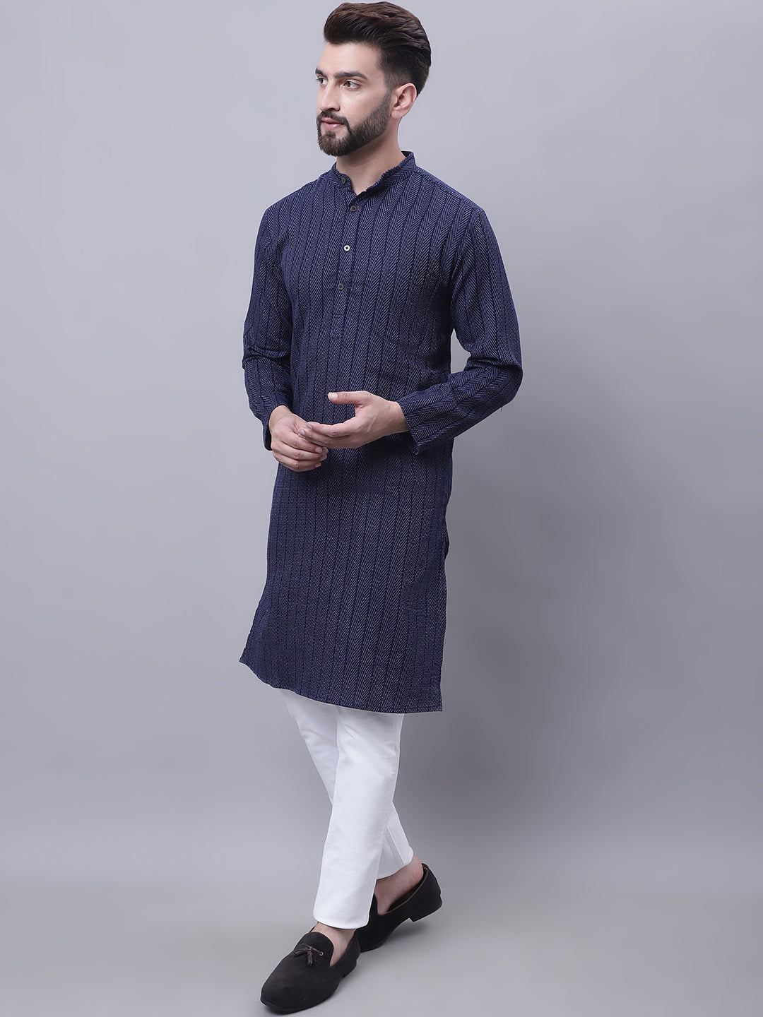 Even Apparels Blue Pure Cotton Kurta With Band Collar - Distacart