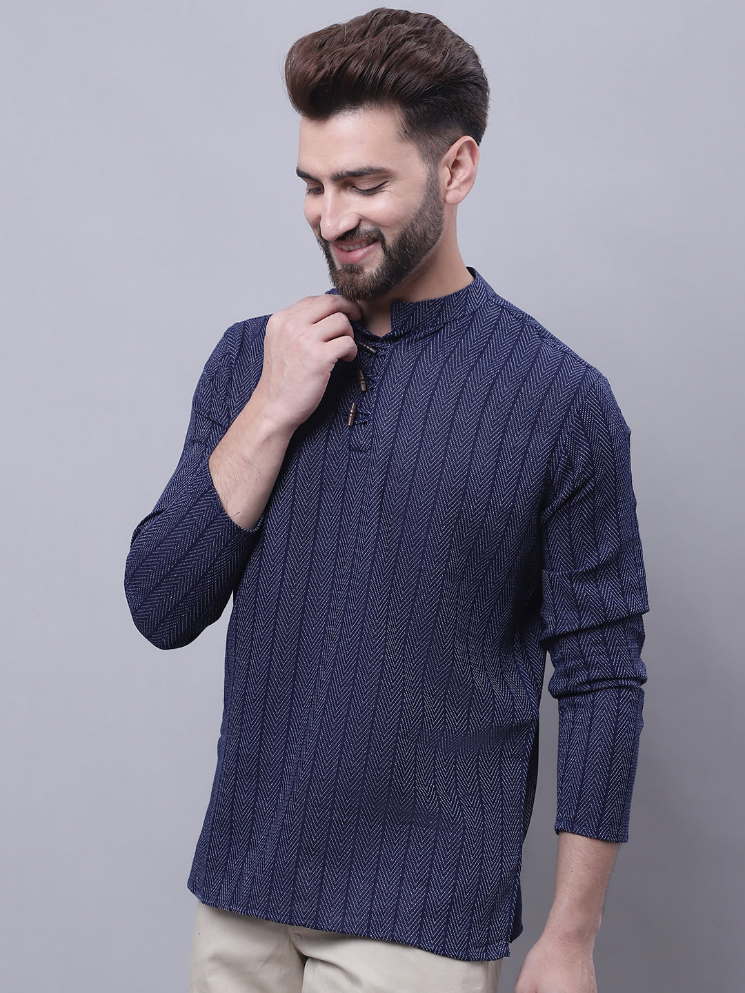 Even Apparels Blue Pure Cotton Short Kurta With Band Collar - Distacart