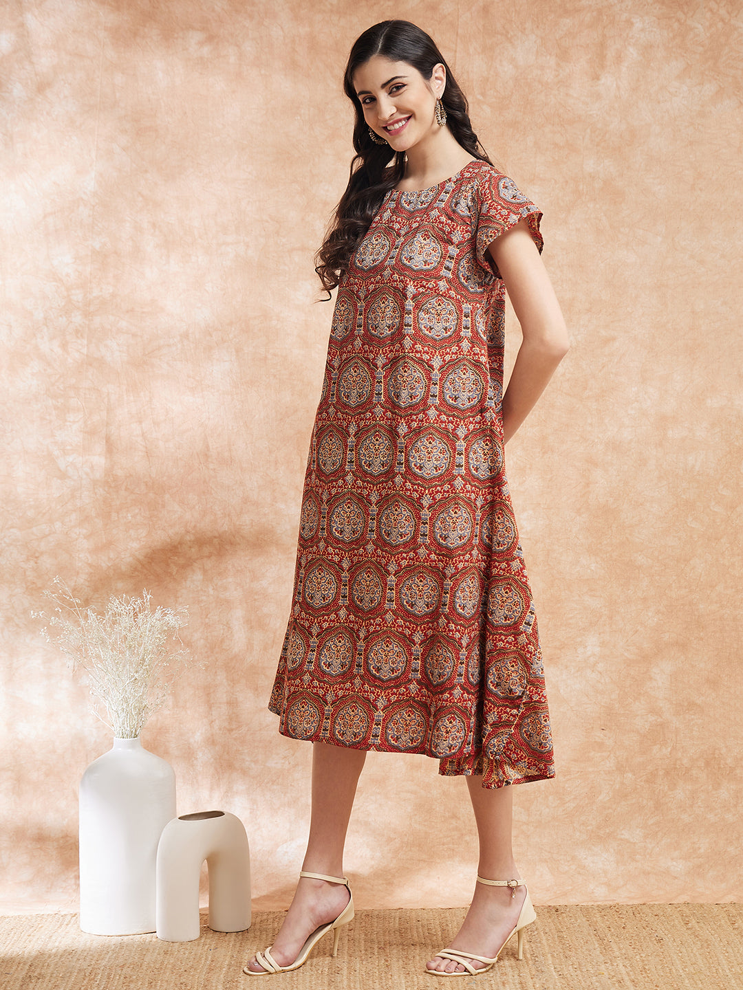 InWeave Women's Maroon Mughal Kalamkari A Line Dress - Distacart
