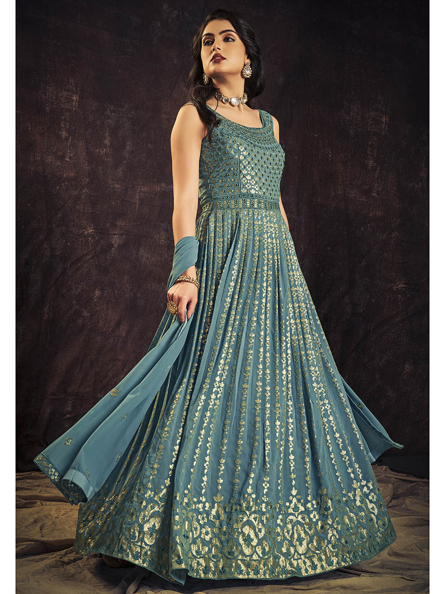 Buy Myra Blue Real Georgette Designer Gown Style Suit Online at