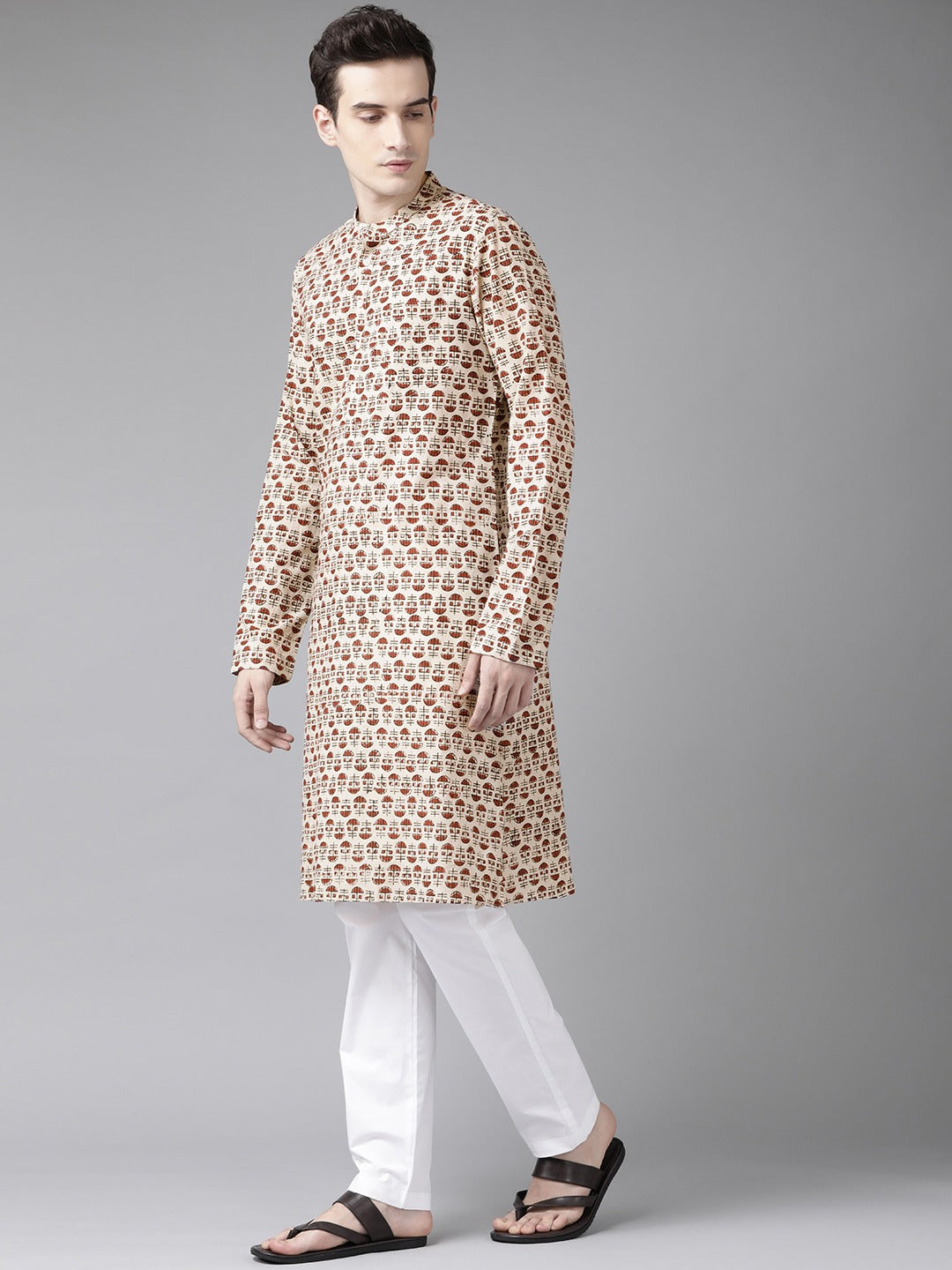 NOZ2TOZ Men Beige And Maroon Printed Straight Kurta - Distacart