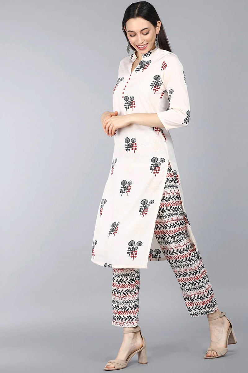 Women's Off-White Poly Crepe Abstract Print Straight Suit Set - Rasiya - Distacart