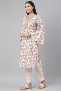 Thumbnail for Women's White Cotton Floral Printed Straight Suit Set - Rasiya - Distacart