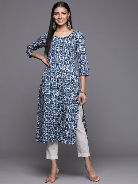 Varanga Blue Printed Kurta With Round Neck - Distacart