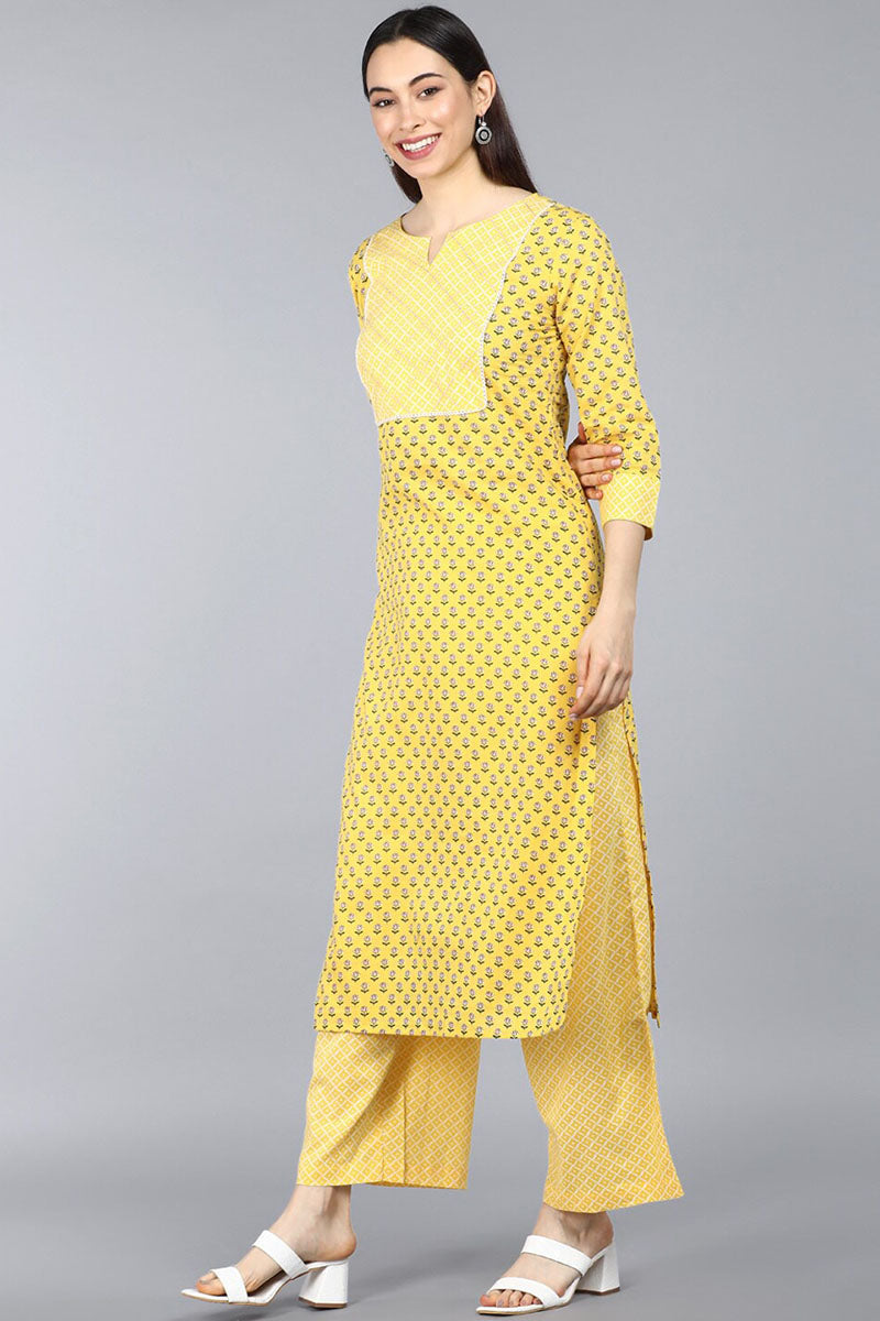 Women's Yellow Pure Cotton Straight Kurta Pant With Dupatta - Rasiya - Distacart