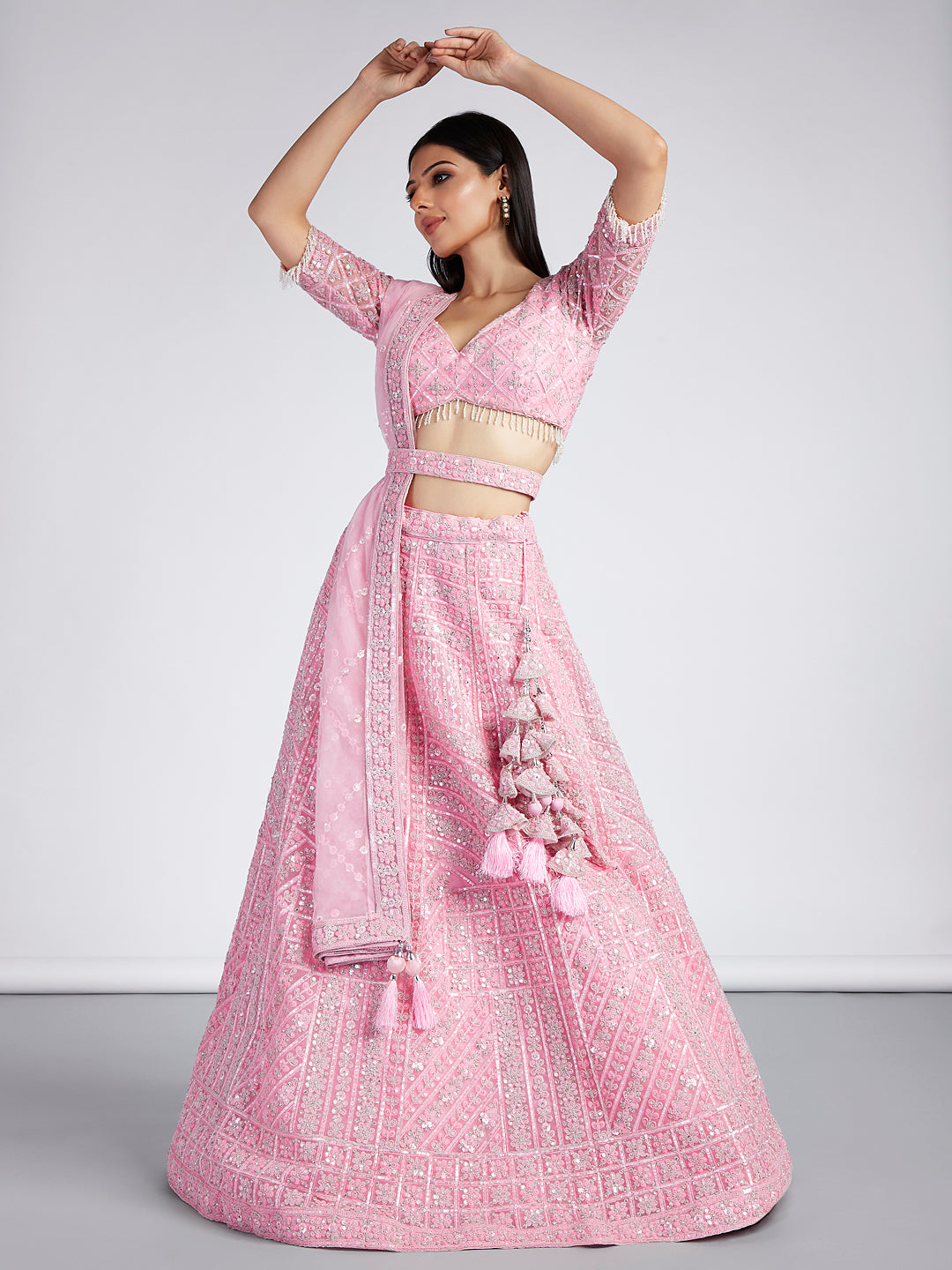 House of Panchhi Pink Net Sequins, Zarkan And Thread Embroidery Lehenga Choli & Dupatta - Distacart