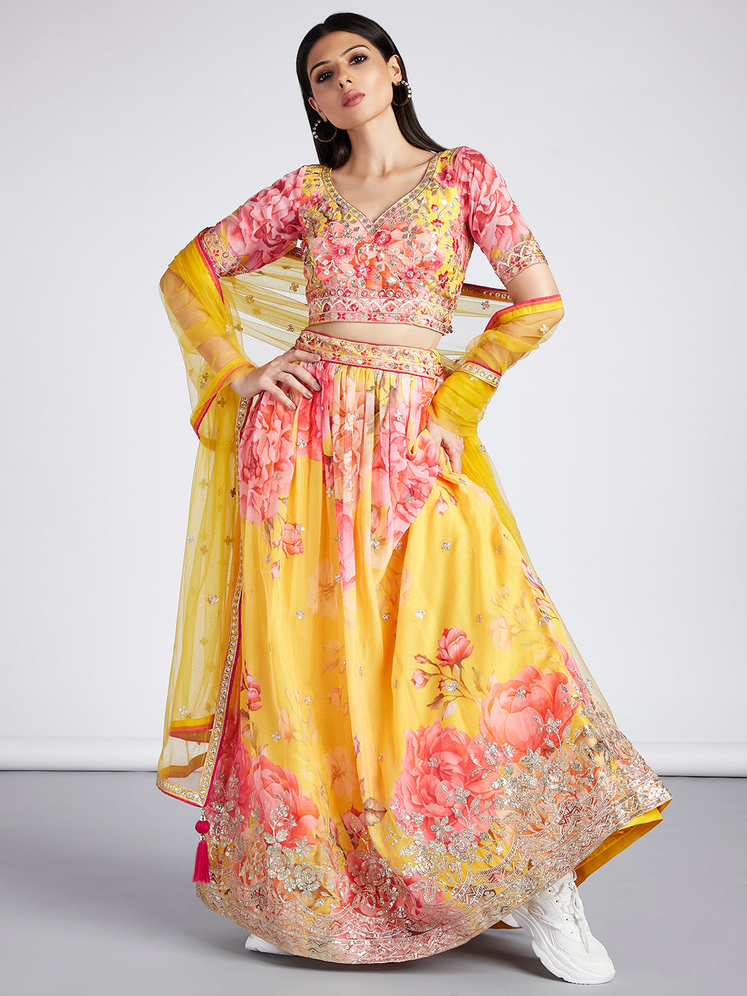 House of Panchhi Yellow Colour Organza Floral Design Digital Print Lehenga Choli & Dupatta - Distacart