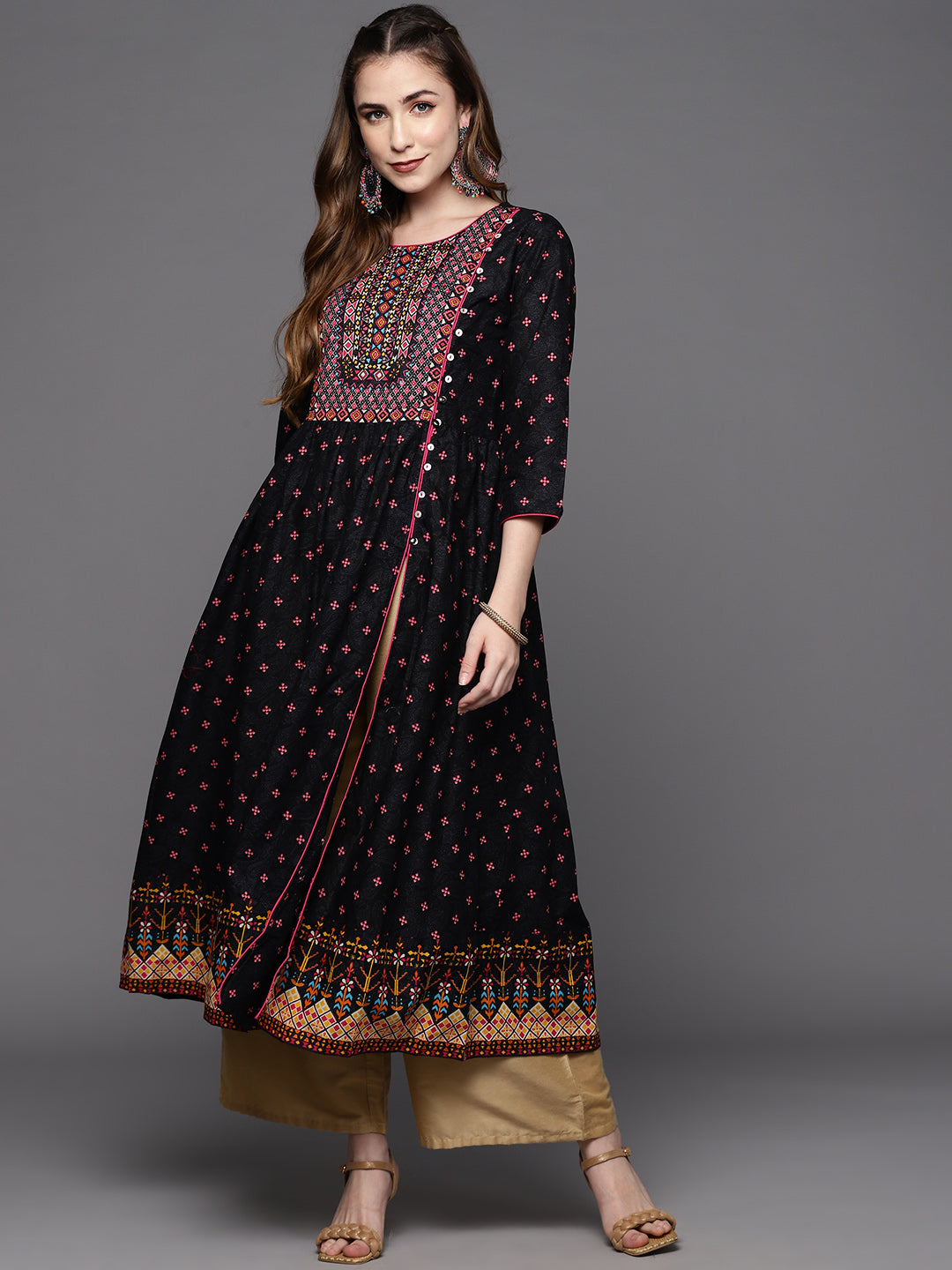 Biba Women Black & Pink Ethnic Motifs Printed Front Slit A-Line Kurta - Distacart