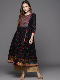 Thumbnail for Biba Women Black & Pink Ethnic Motifs Printed Front Slit A-Line Kurta - Distacart