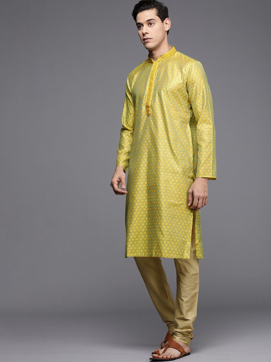 Manyavar Men Mustard Yellow Ethnic Motifs Self Design Kurta with Pyjamas - Distacart
