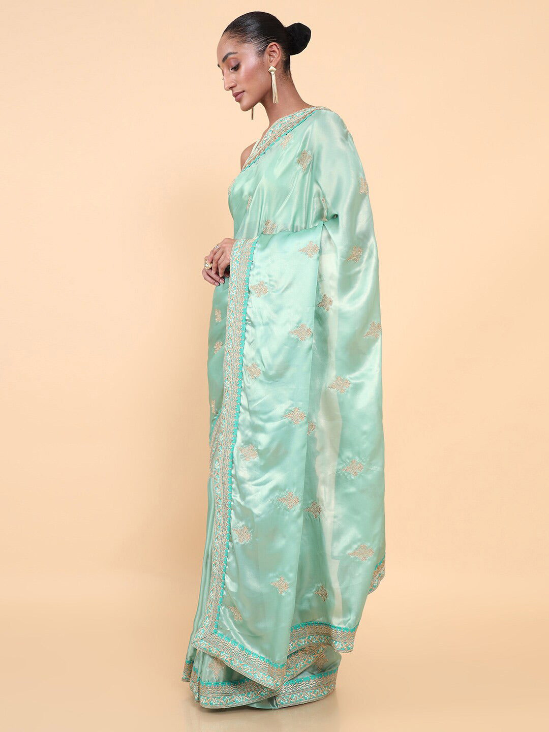 Soch Sea Green & Grey Floral Embroidered Silk Blend Tussar Saree - Distacart