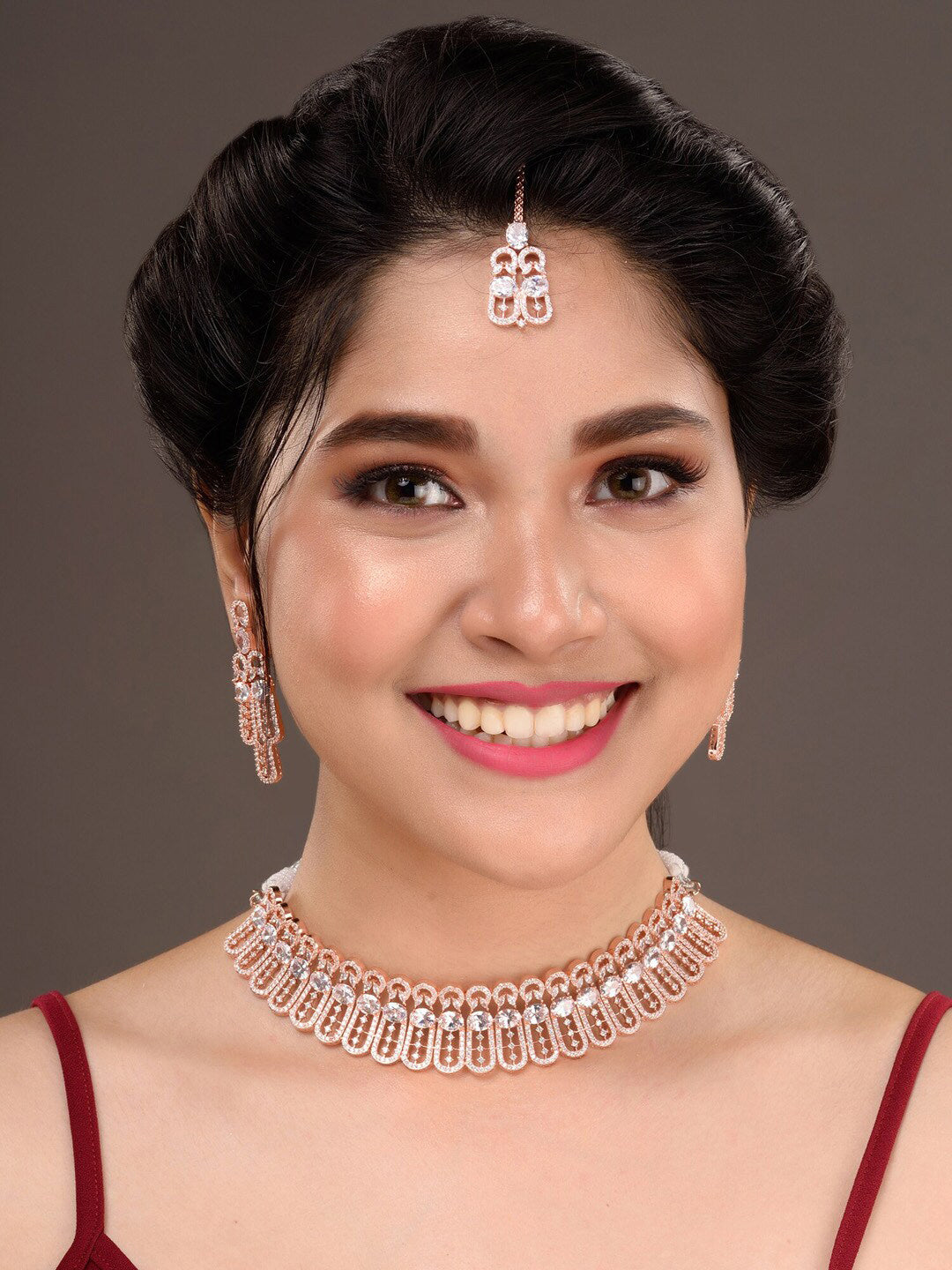 Saraf RS Jewellery Rose Gold-Plated White AD Studded Jewellery Set With Maang Tika - Distacart