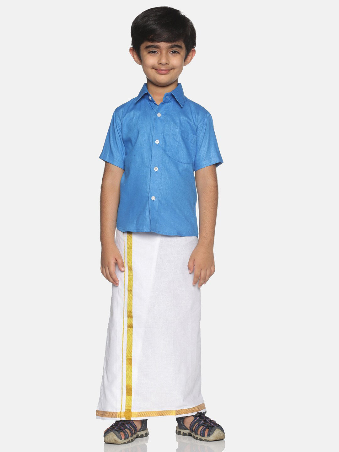 Sethukrishna Blue & White Solid Shirt with Veshti Set For Boys - Distacart