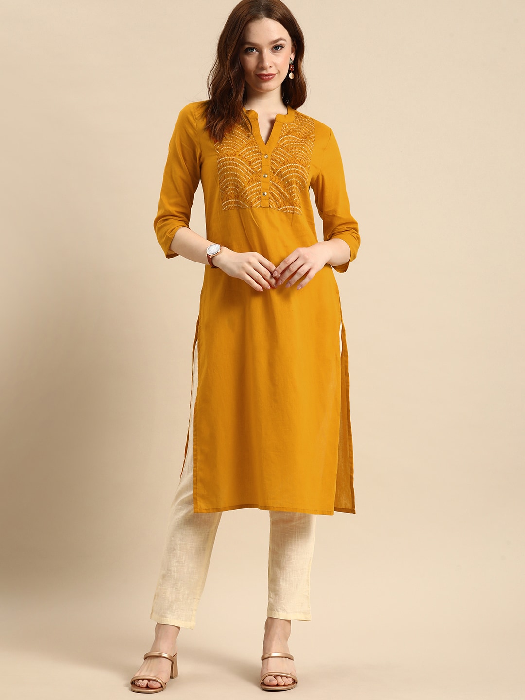 All About You Women Yellow Bandhani Yoke Design Pure Cotton Kurta - Distacart