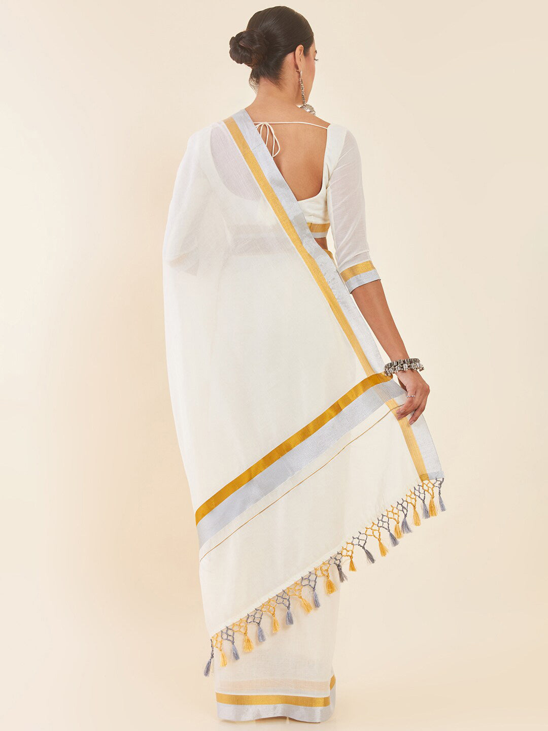 Soch Off-White & Silver-Toned Zari Pure Cotton Kasavu Saree - Distacart