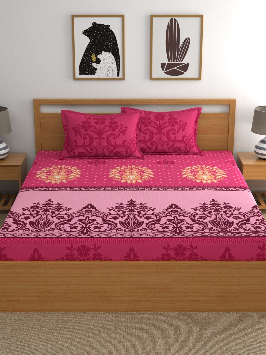 Dreamscape Pink & Beige Ethnic Motifs 144 TC Bedsheet with Pillow Covers - Distacart