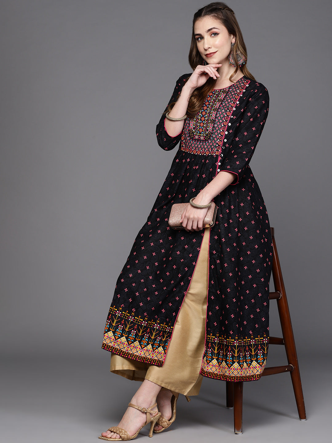 Biba Women Black & Pink Ethnic Motifs Printed Front Slit A-Line Kurta - Distacart