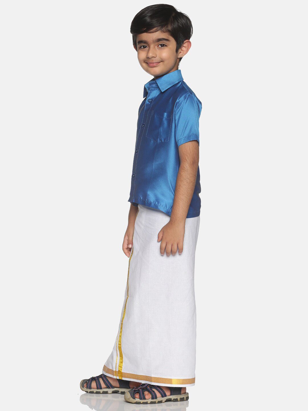 Sethukrishna Blue & White Solid Shirt and Veshti Set For Boys - Distacart