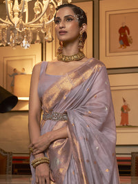 Thumbnail for Mitera Lavender & Gold-Toned Ethnic Motifs Zari Silk Blend Banarasi Saree - Distacart