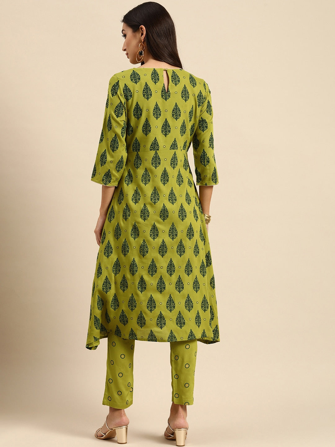 All About You Women Olive Green Ethnic Motifs Printed Empire Kurta with Trousers - Distacart