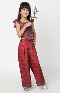 Thumbnail for Lil Drama Ethnic Twist Girls Red Print Box Pleat Pant With Top Co-Ordinate Set - Distacart