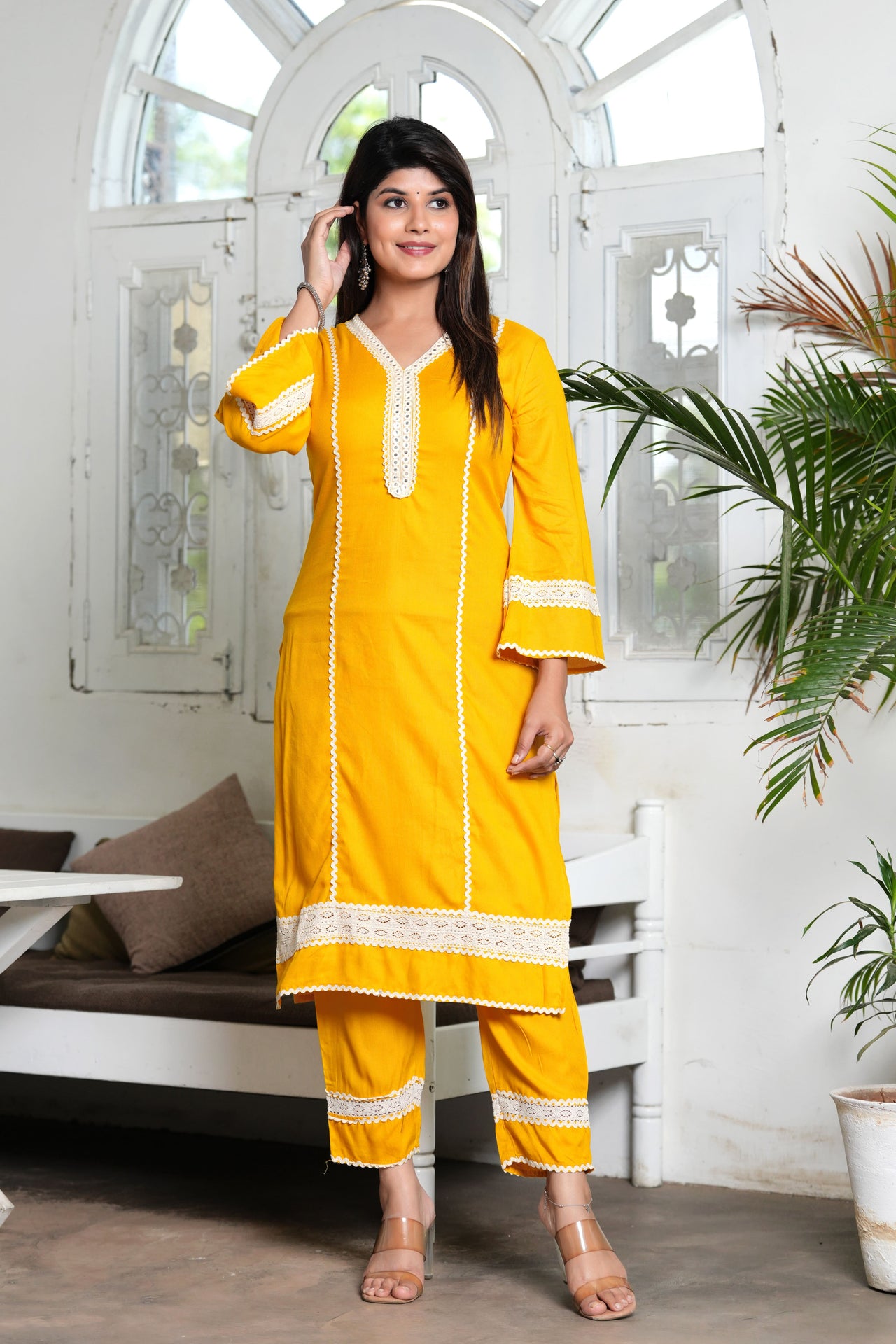 NOZ2TOZ Women Ethnic Motifs Yoke Design Thread Work Kurta Trousers With Dupatta - Yellow - Distacart