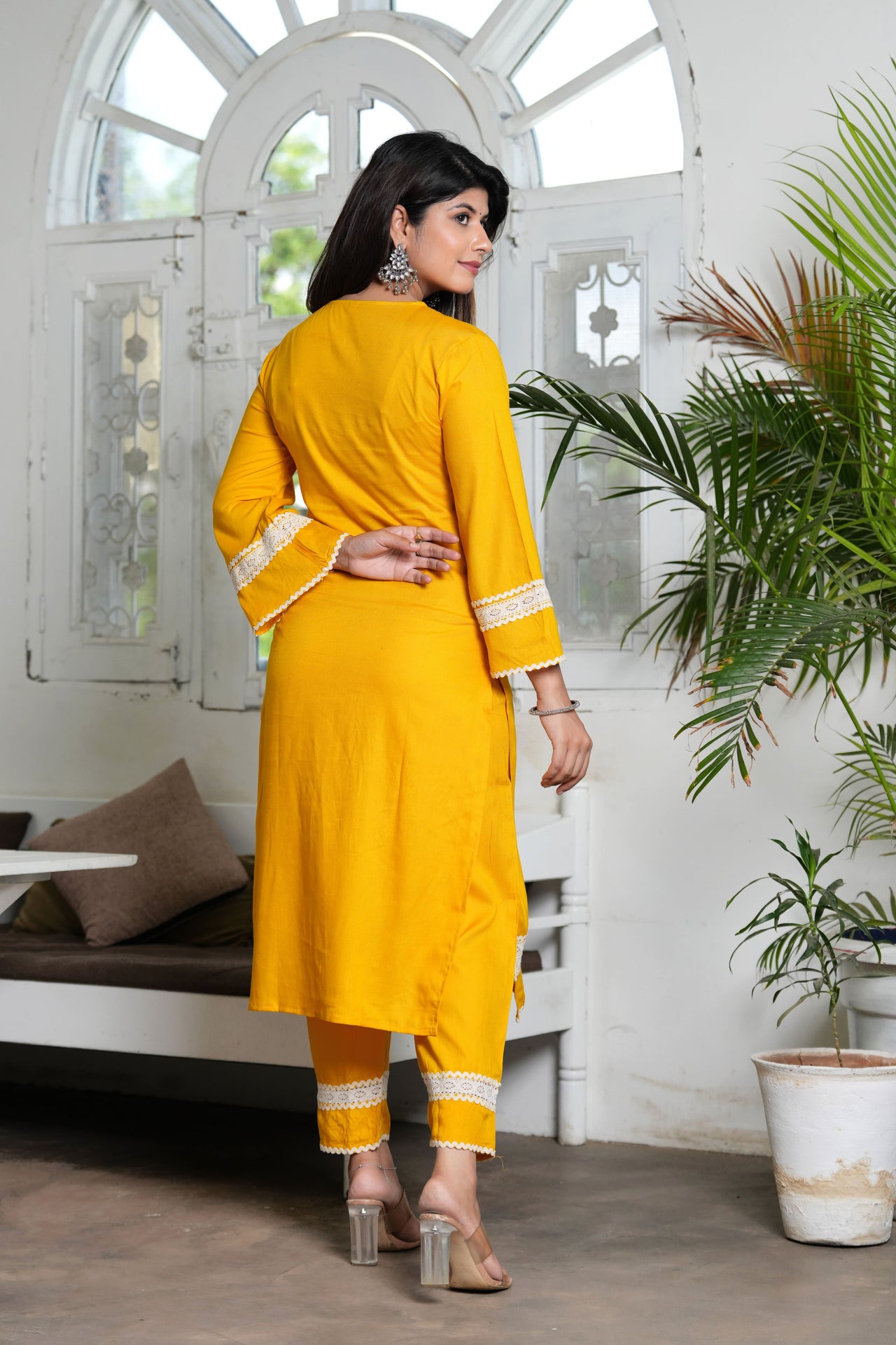 NOZ2TOZ Women Ethnic Motifs Yoke Design Thread Work Kurta Trousers With Dupatta - Yellow - Distacart