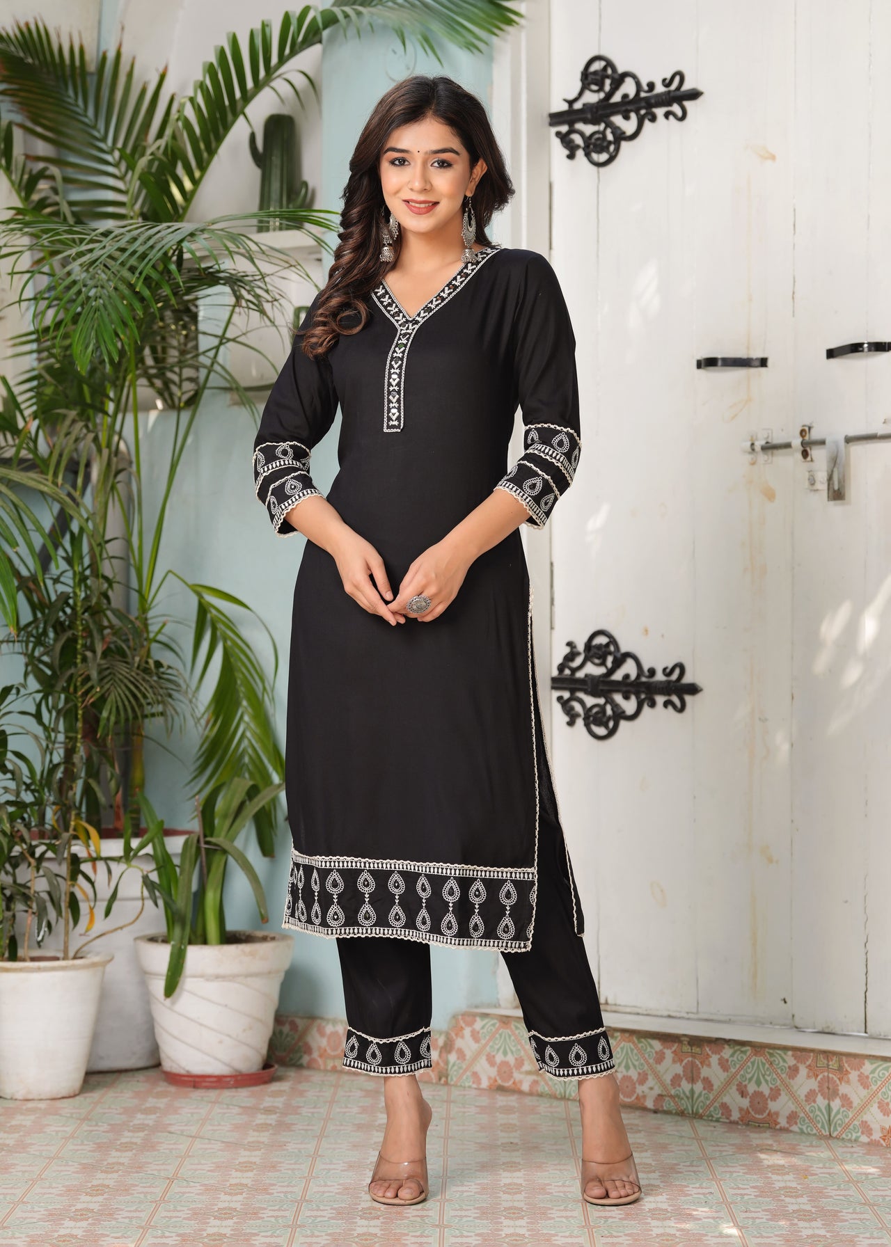 NOZ2TOZ Women Ethnic Motifs Yoke Design Thread Work Kurta Trousers With Dupatta - Black - Distacart