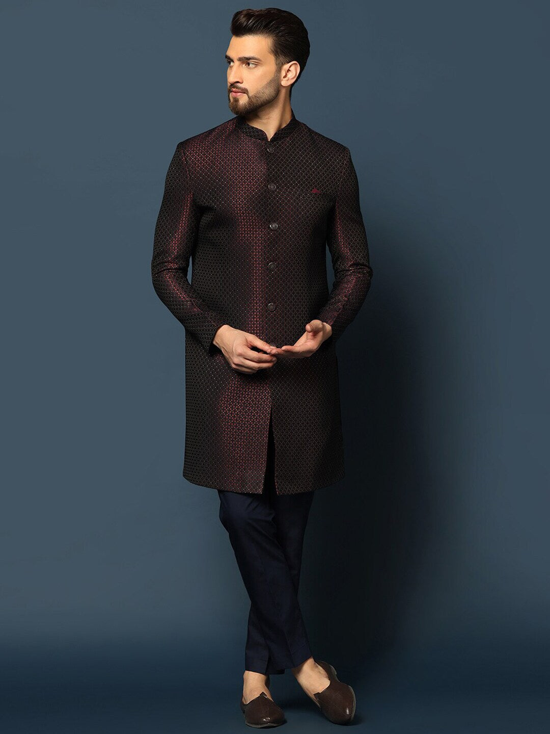 KISAH Men Self-Design Cotton Sherwani Set - Distacart