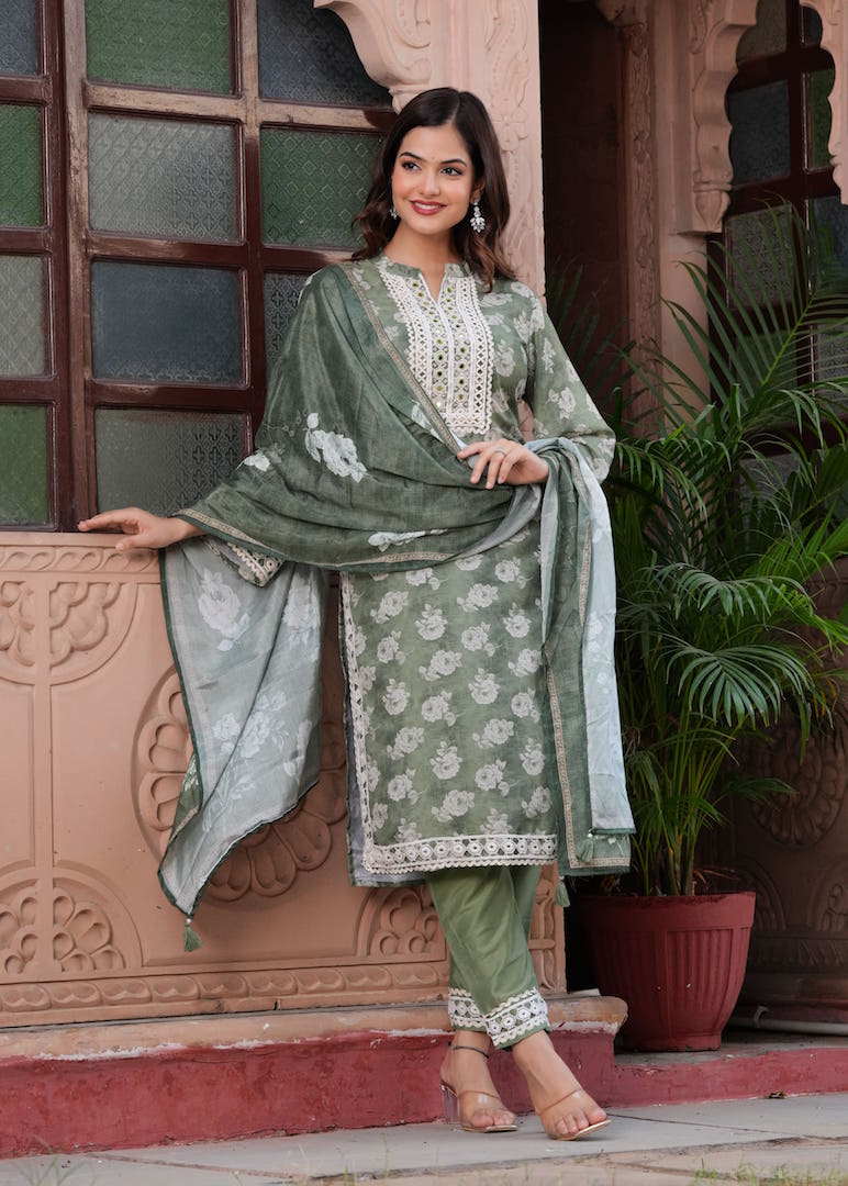 NOZ2TOZ Women Ethnic Motifs Printed Thread Work Pure Silk Kurta Trousers With Dupatta - Green - Distacart