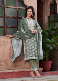 Thumbnail for NOZ2TOZ Women Ethnic Motifs Printed Thread Work Pure Silk Kurta Trousers With Dupatta - Green - Distacart