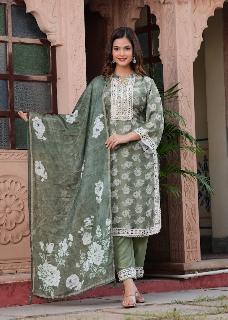 NOZ2TOZ Women Ethnic Motifs Printed Thread Work Pure Silk Kurta Trousers With Dupatta - Green - Distacart