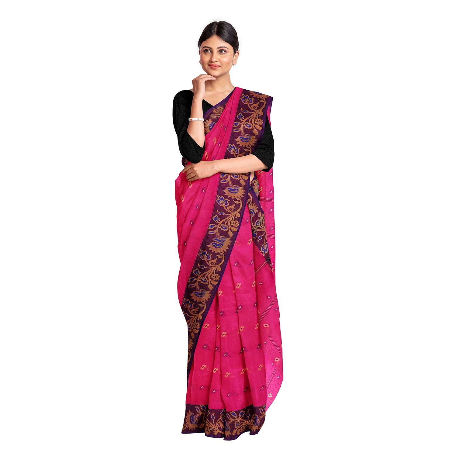 Woodentant women's pure cotton exclusive Tant saree in Beige and green zari  border without blouse piece.