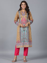 Thumbnail for Juniper Women Mustard Printed Woolen Straight Kurta - Distacart