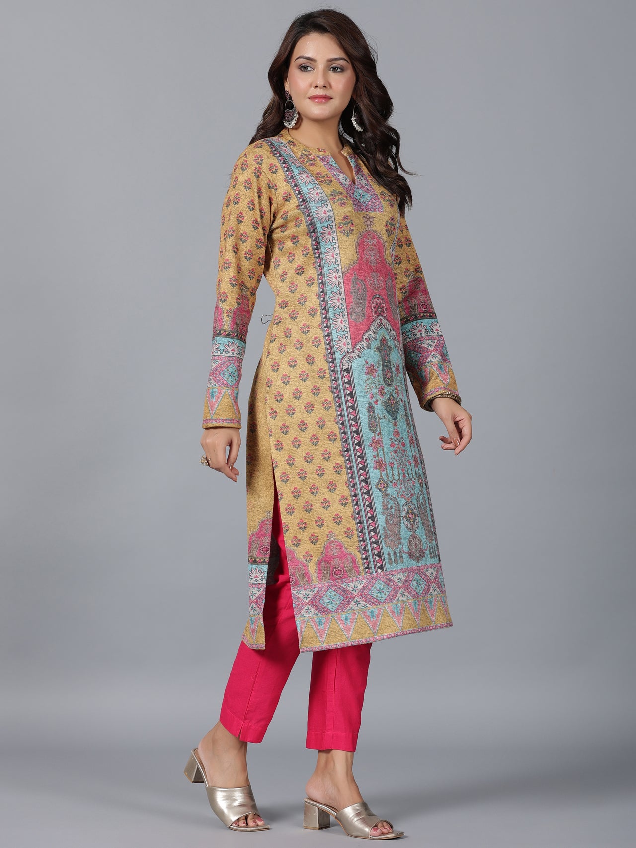 Juniper Women Mustard Printed Woolen Straight Kurta - Distacart