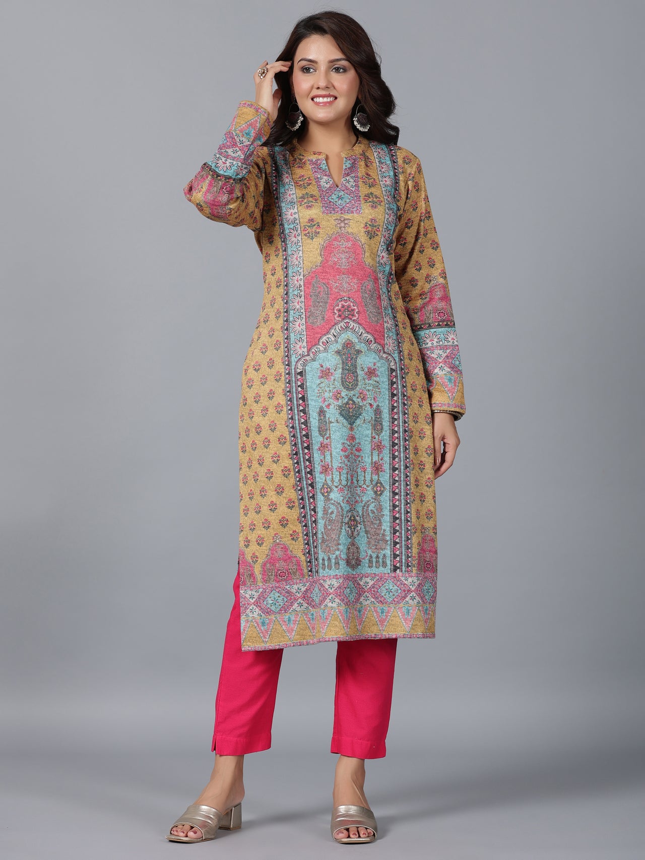 Juniper Women Mustard Printed Woolen Straight Kurta - Distacart