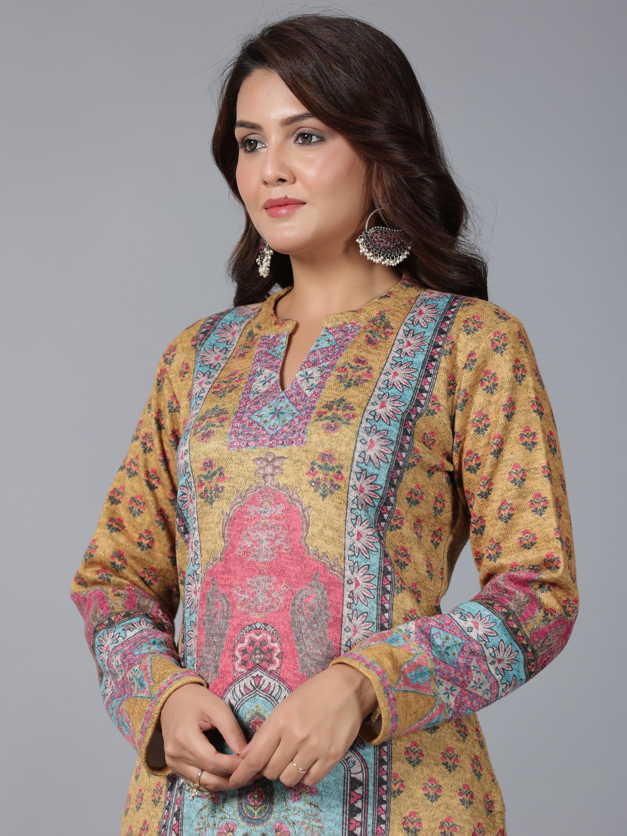 Juniper Women Mustard Printed Woolen Straight Kurta - Distacart