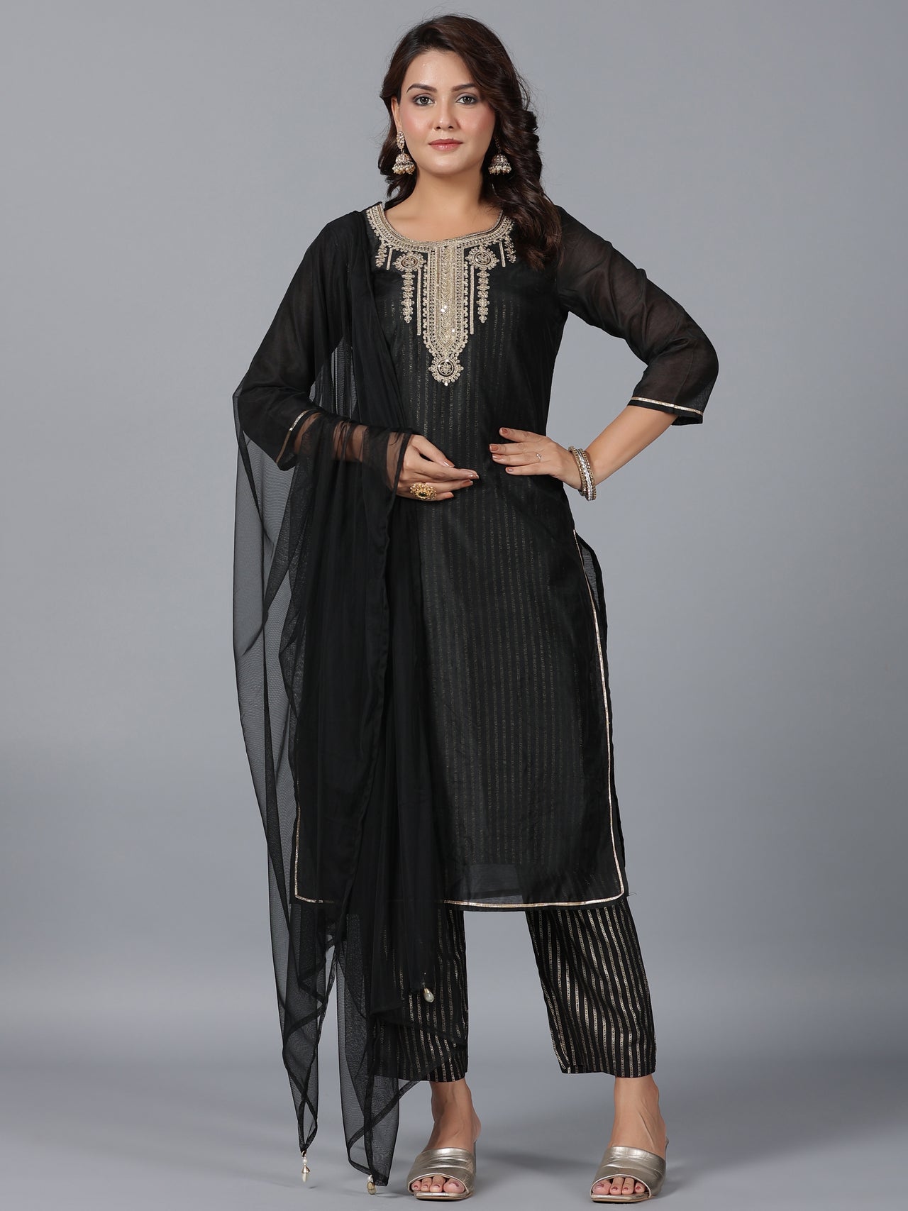 Juniper Women Black Chanderi Printed with Embroidery Kurta, Pants & Dupatta Set - Distacart