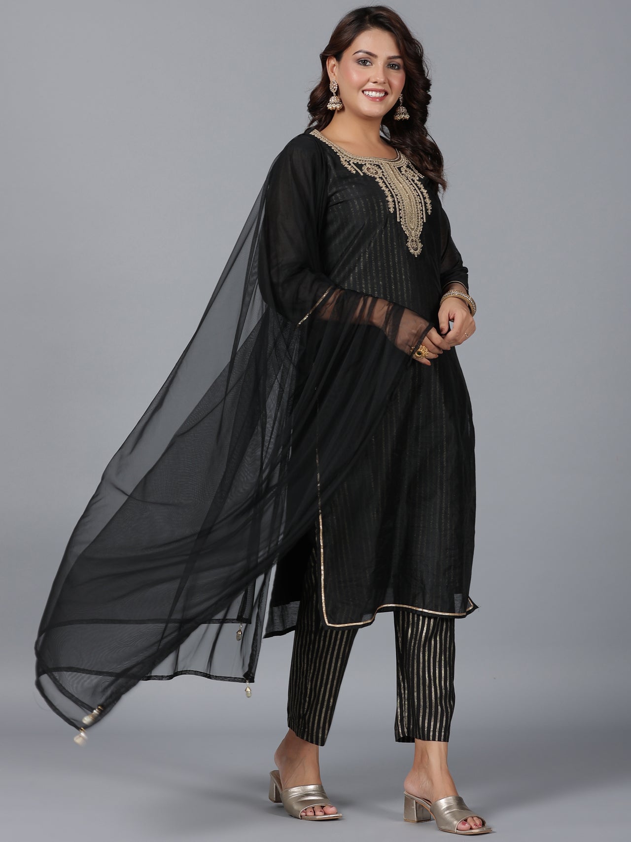 Juniper Women Black Chanderi Printed with Embroidery Kurta, Pants & Dupatta Set - Distacart