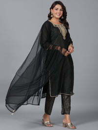 Thumbnail for Juniper Women Black Chanderi Printed with Embroidery Kurta, Pants & Dupatta Set - Distacart