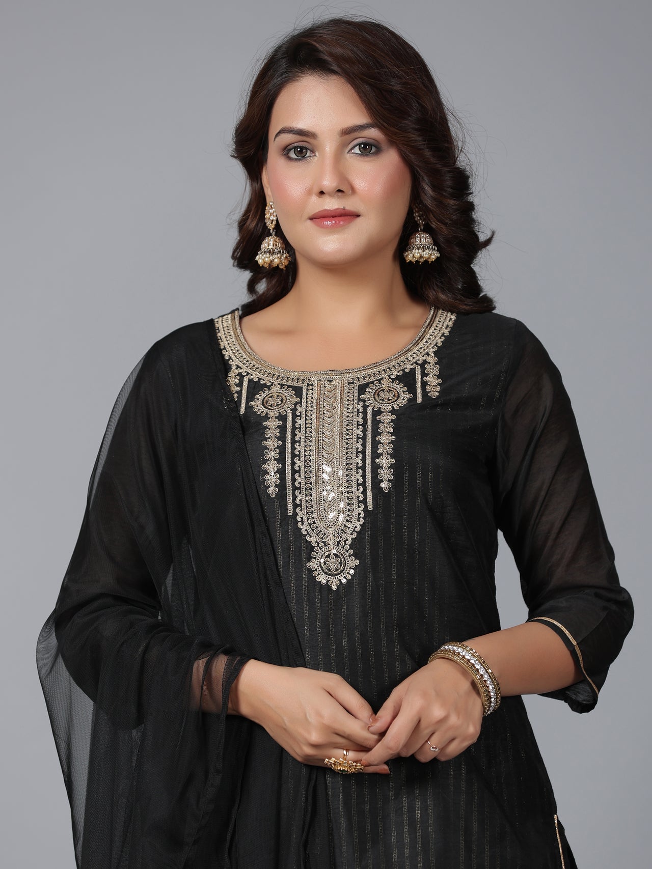 Juniper Women Black Chanderi Printed with Embroidery Kurta, Pants & Dupatta Set - Distacart